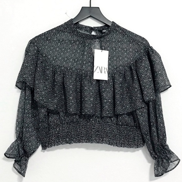 New! ZARA Metallic Thread Ruffles Smock Cropped Printed Blouse Top - Picture 7 of 16